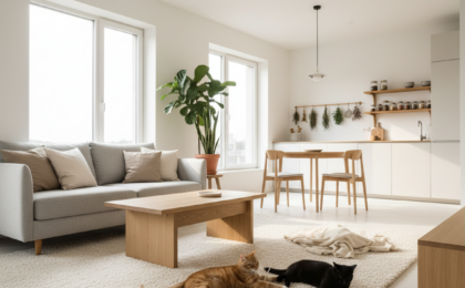 minimalist apartment with cats